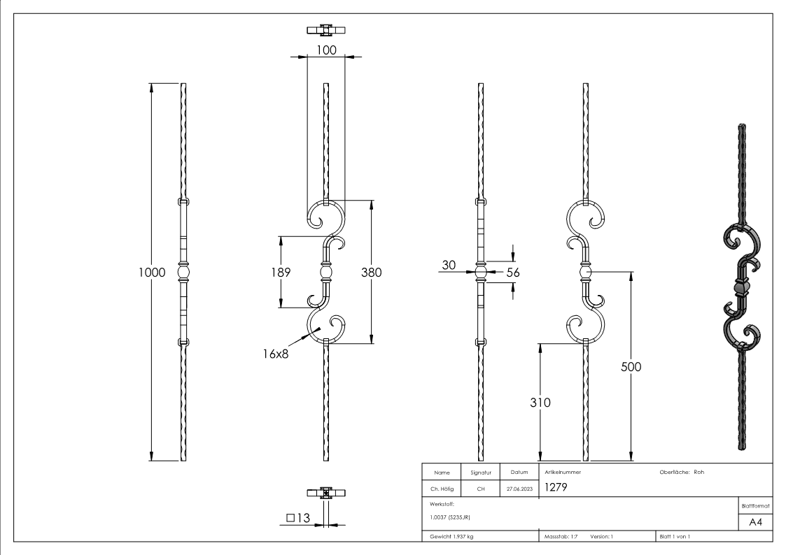 Zierstab | Länge: 900 mm | Material: 13x13 mm gehämmert | Stahl S235JR, roh