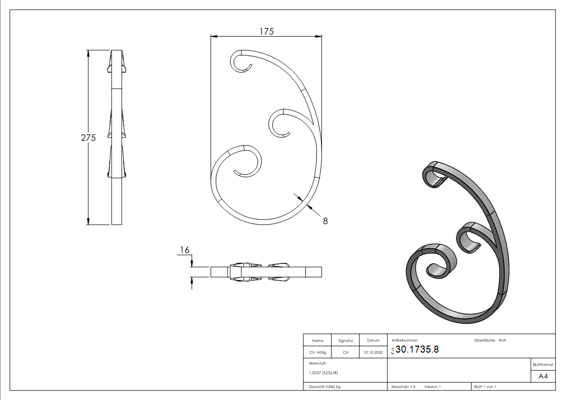 16er Serie | Maße: 180x275 mm | Material: 16x8 mm, glatt | Stahl S235JR, roh