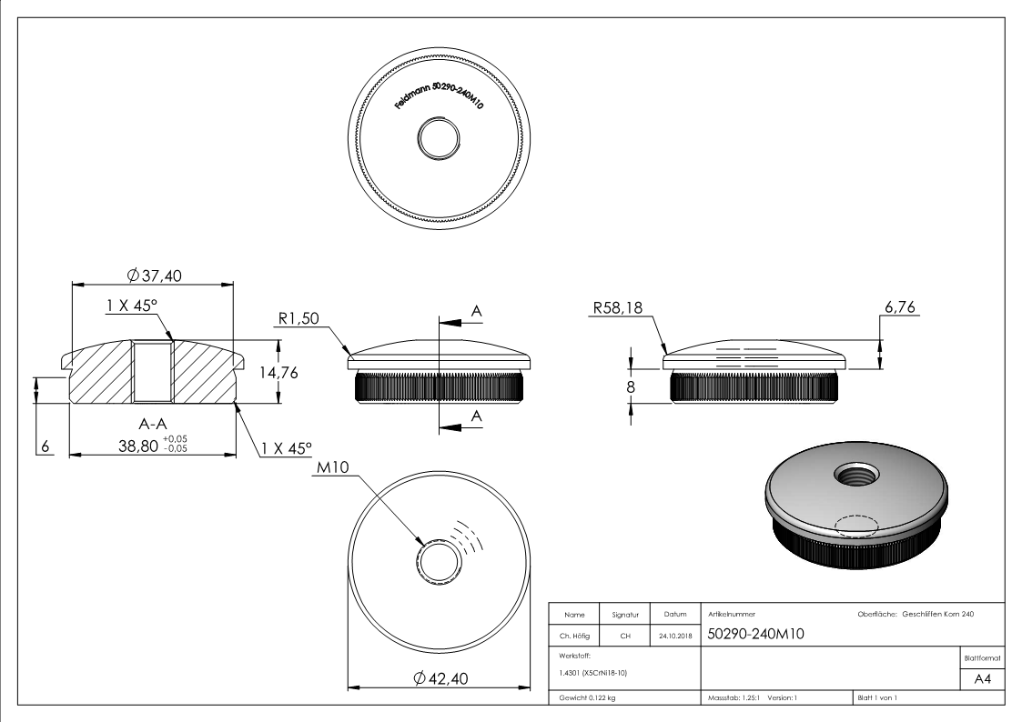 Stopfen leicht gewölbt V2A Vollmaterial mit M10 für Ø 42,4x2,0 mm