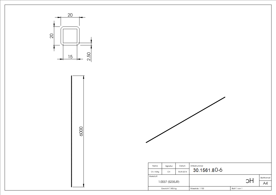 Quadratrohr | gehämmert | Maße: 20x20x2 mm | Länge: 6000 mm | Stahl S235JR, roh