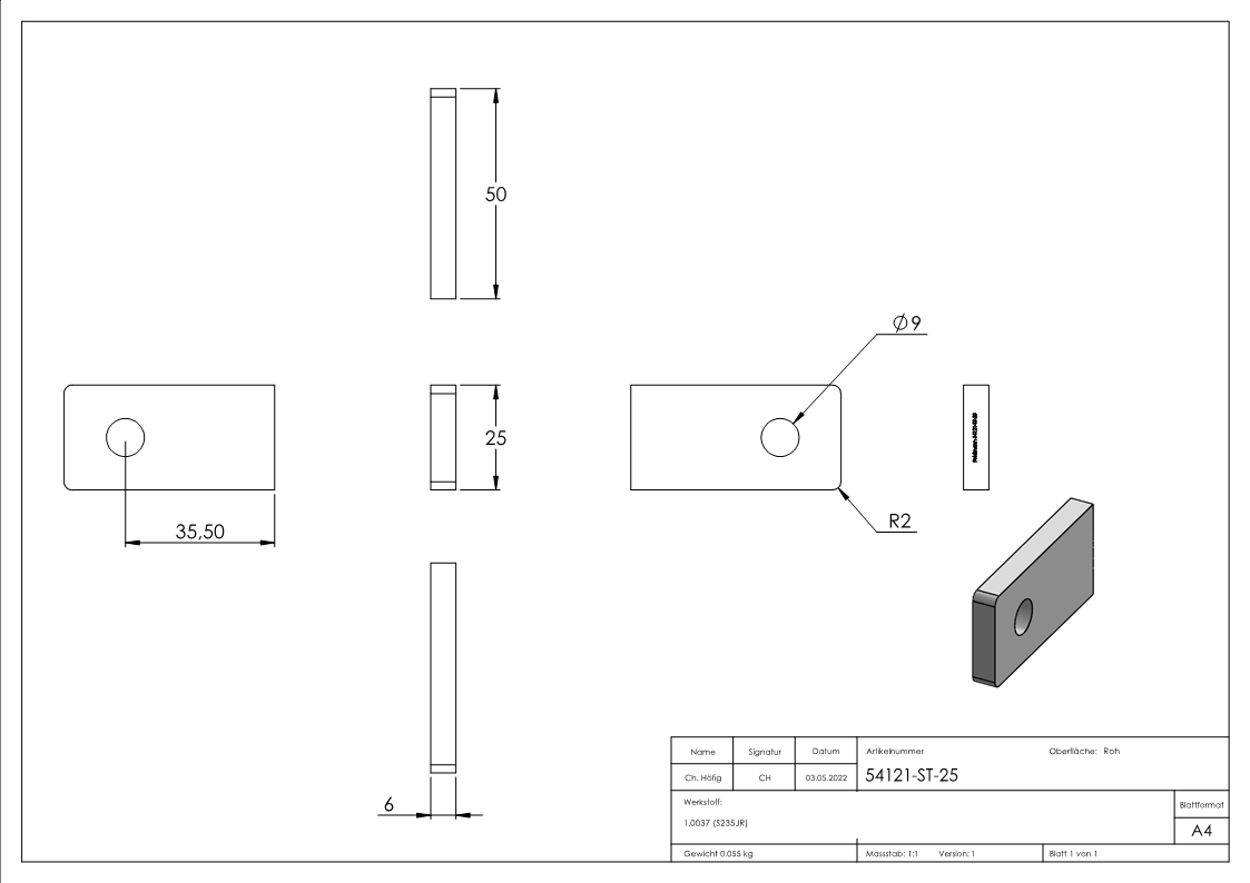 Anschweißlasche eckig 50x25x6mm