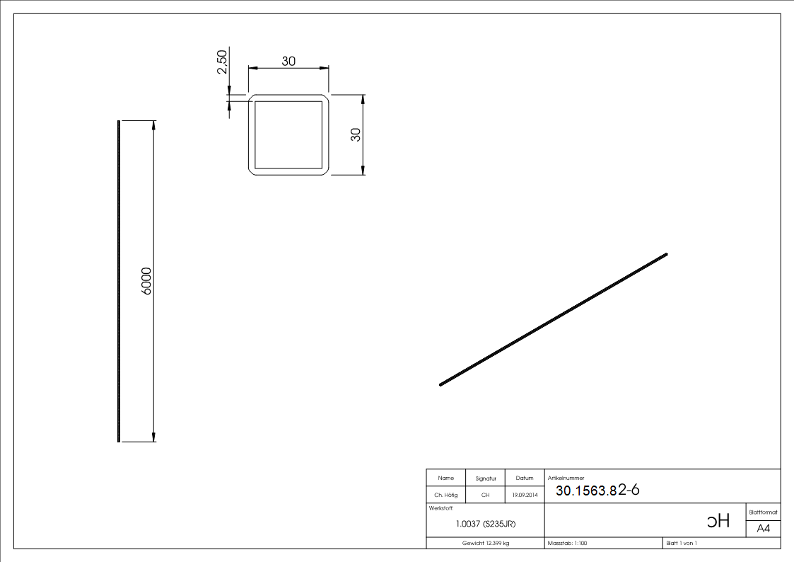 Quadratrohr | gehämmert | Maße: 30x30x2,5 mm | Länge: 6000 mm | Stahl S235JR, roh