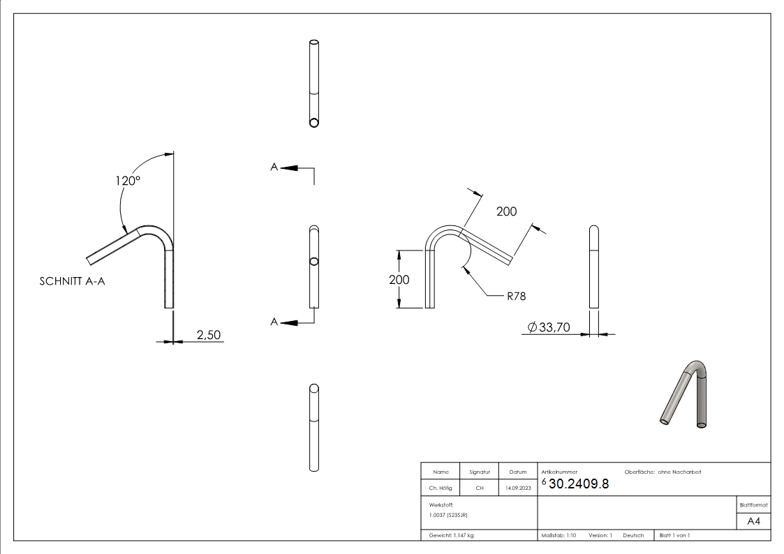 Stahl Rohrbogen | 120° | 33,7x2,5 mm | Stahl S235JR, roh