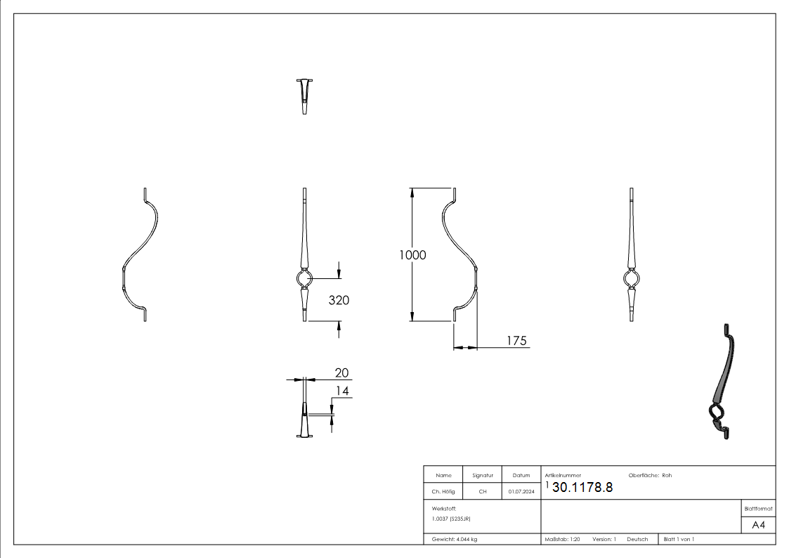 Bauchstab | Länge: 1000 mm | Material: 20x12 mm | Stahl S235JR, roh