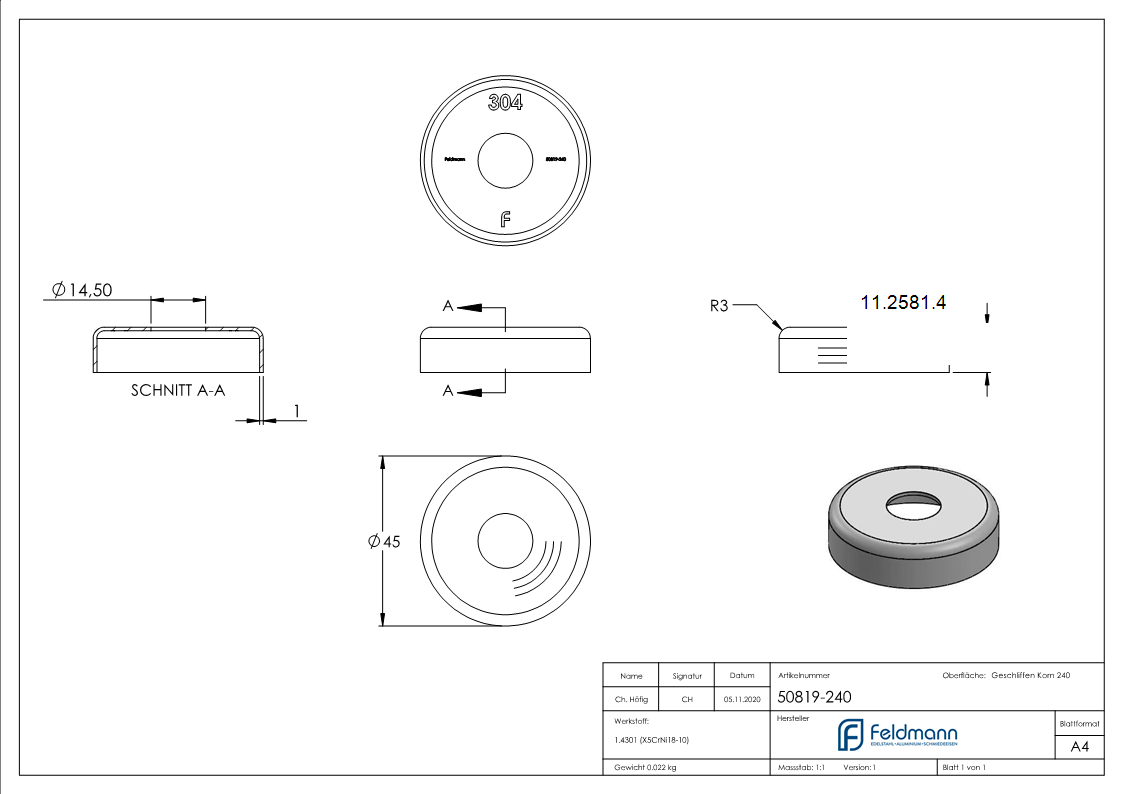 Abdeckrosette Ø 45x12 mm für Rundrohr: Ø 14 mm V2A