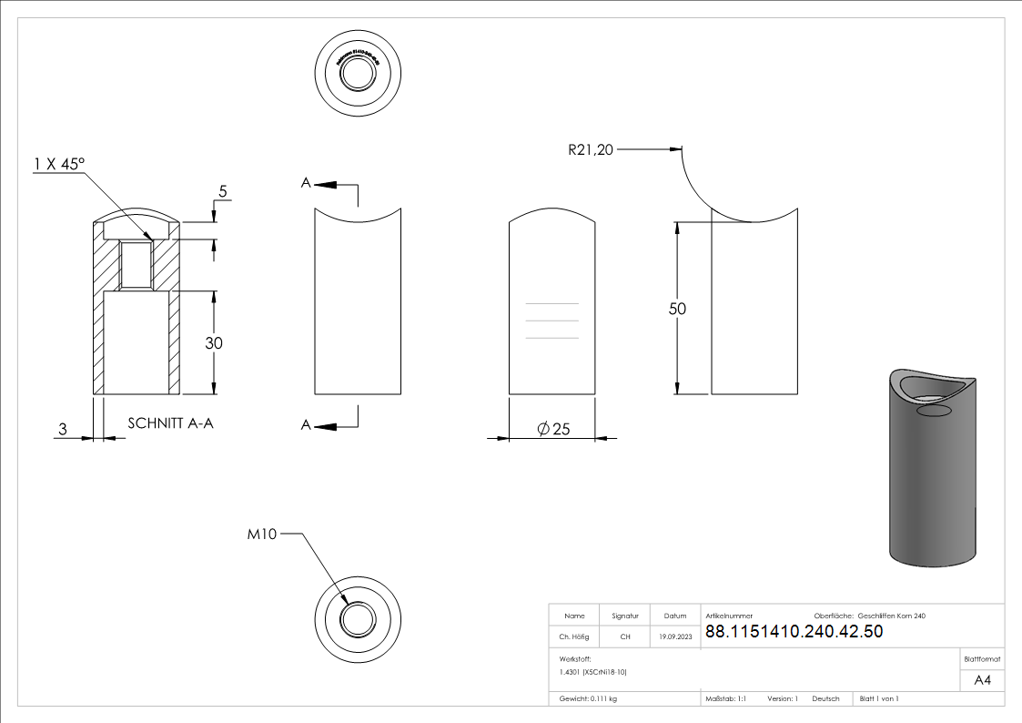 Abstandshalter für Rohr 42,4mm, Länge 50mm, V2A