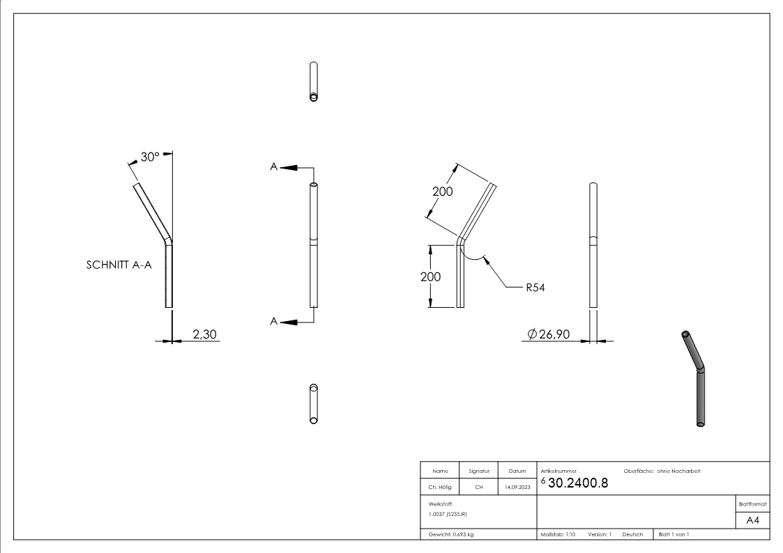 Stahl Rohrbogen | 30° | 26,9x2,0 mm | Stahl S235JR, roh