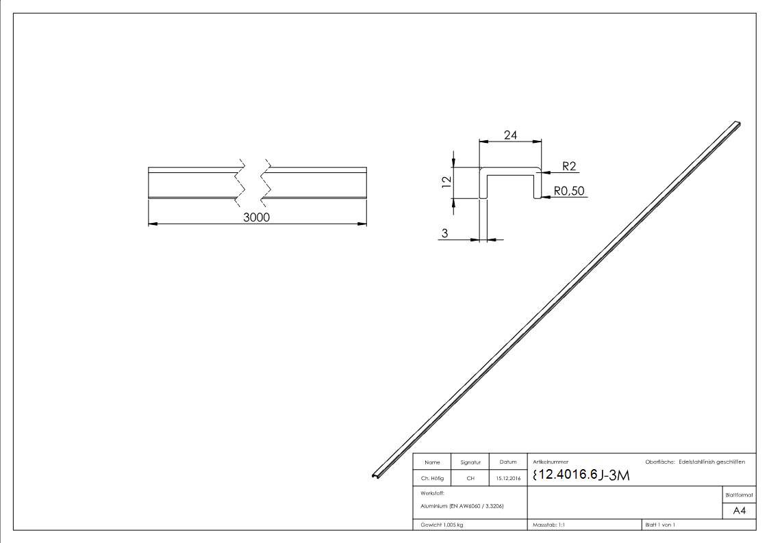 Kantenschutz | Maße: 24x12x3 mm | Länge: 3000 mm | Aluminium elox. E4/EV1