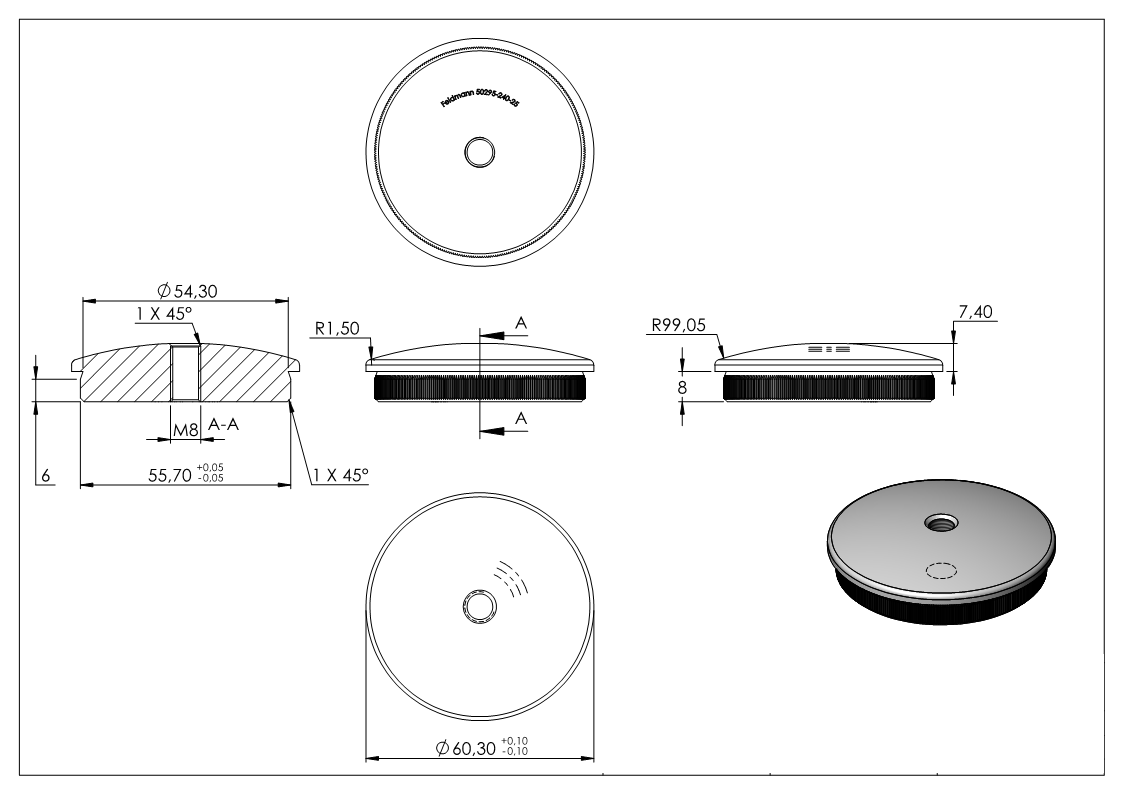 Stopfen leicht gewölbt V2A Vollmaterial mit M8 für Ø 60,3x2,6 mm