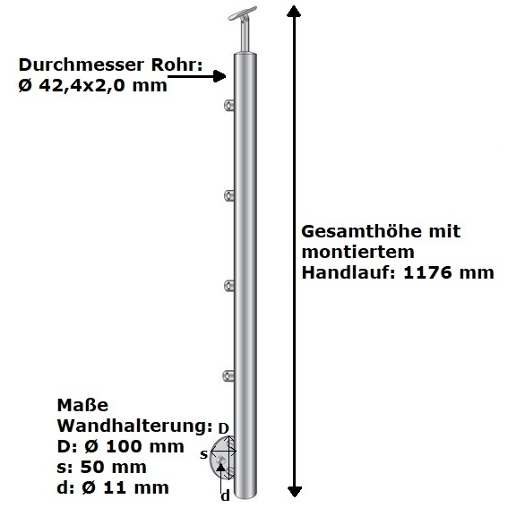 Geländerpfosten | Treppenpfosten | Länge: 900 mm | für seitliche Montage | V2A