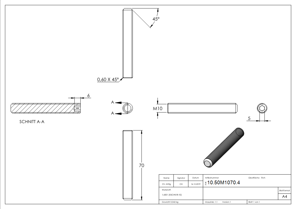 Gewindestift M10x70 mm V2A