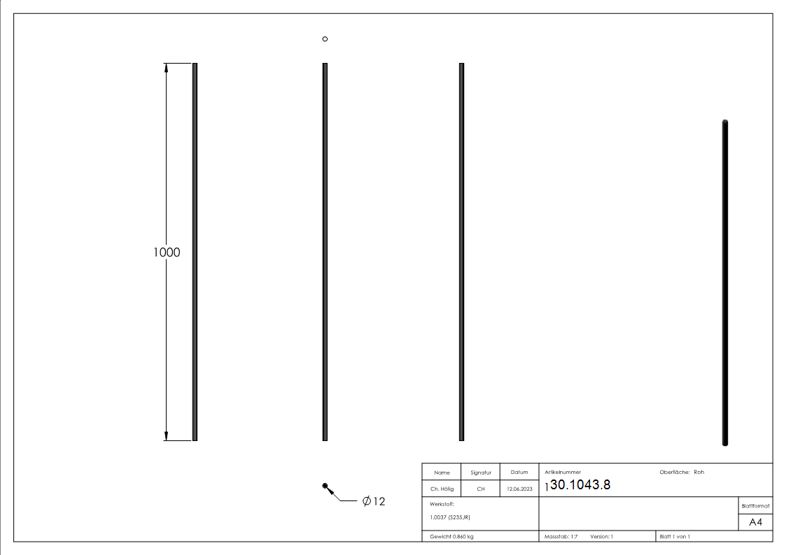 Zwischenstab | Länge: 900 mm | Material: 12 mm | rund gehämmert | Stahl S235JR, roh