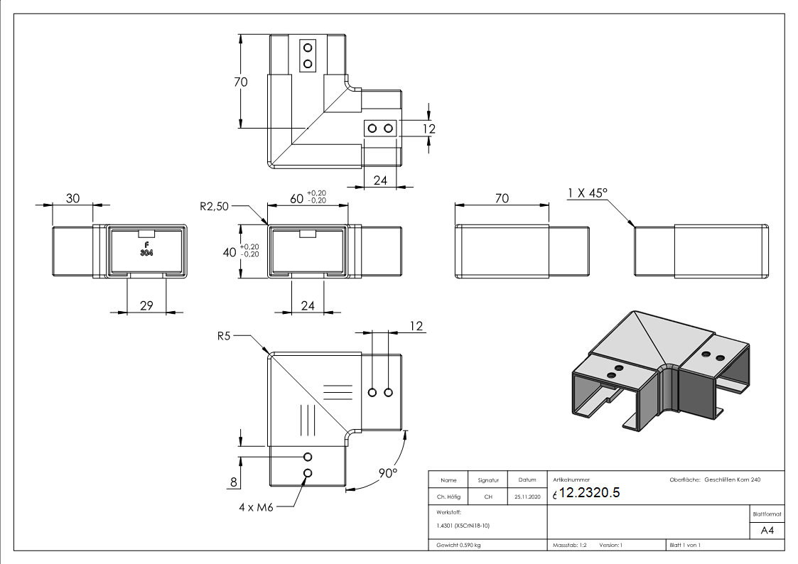 Verlaufsecke 90° | horizontal | für Quadrat-Nutrohr: 60x40 mm | V2A