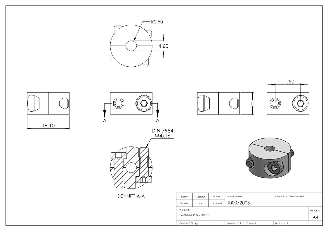 Rundklemme 2-teilig für Seil Ø 5mm, V4A