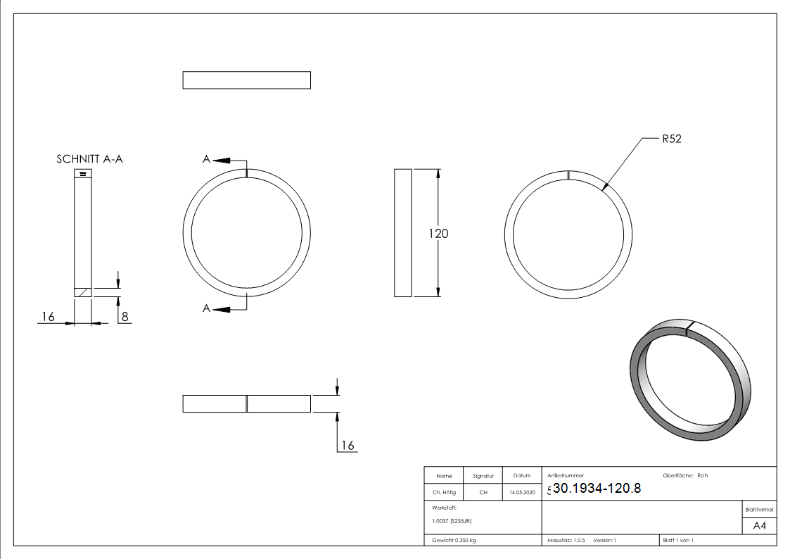 Ring | Material: 16x8 mm | Außen-Ø 120 mm | Stahl S235JR, roh