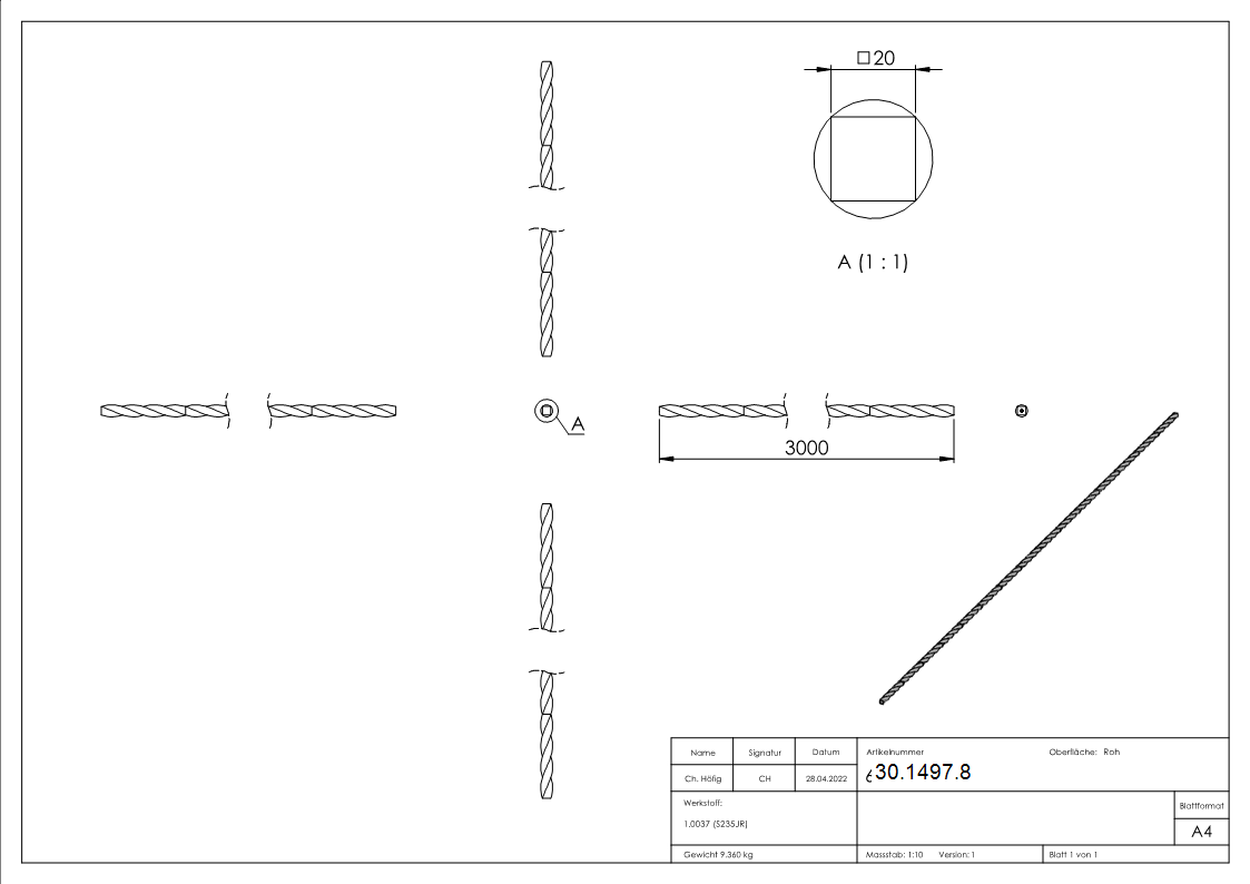 Vierkanteisen gedreht | Material: 20x20 mm | Länge: 3000 mm | Stahl (Roh) S235JR