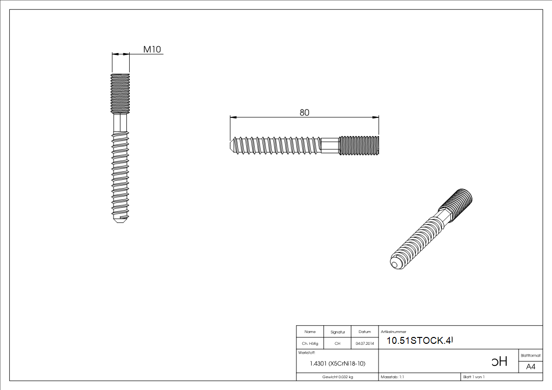 V2A Stockschraube M10 x 80 mm