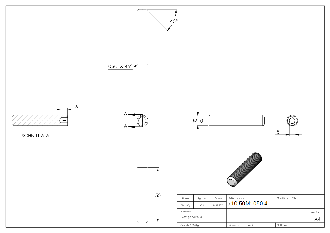 Gewindestift M10x50 mm V2A