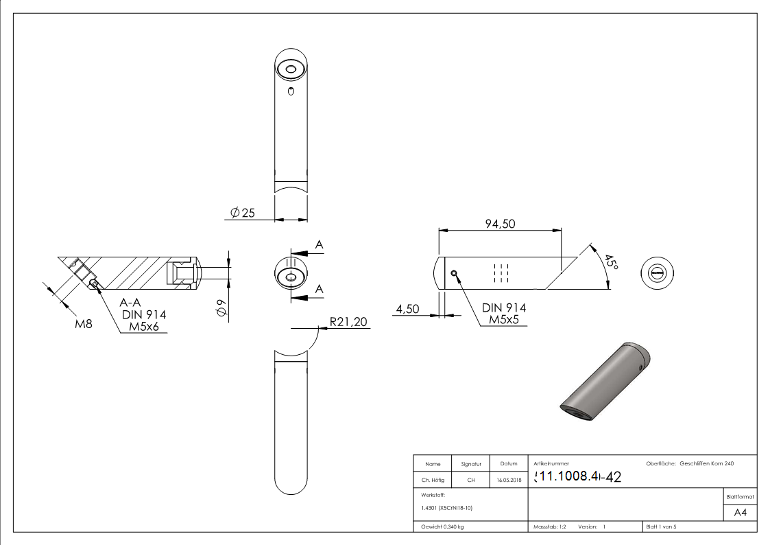 V2A Rohrabstandshalter 45° für Ø 42,4 mm