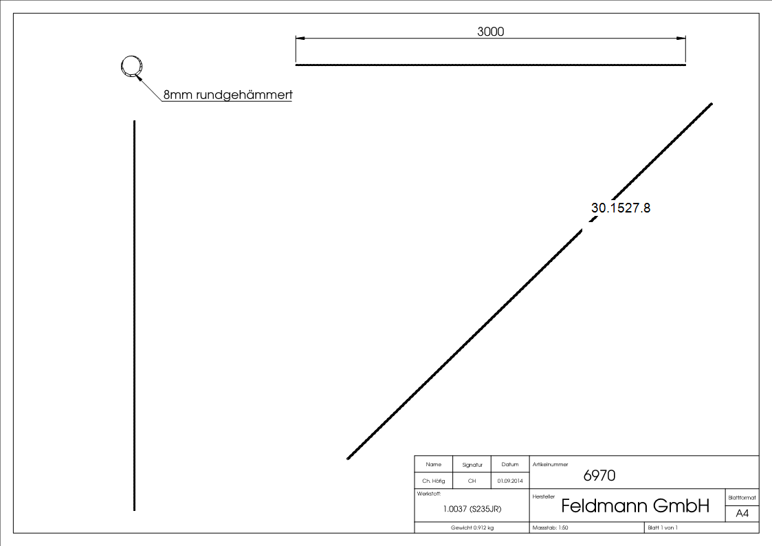 Rundeisen spindelförmig geschmiedet Ø 8 mm Länge: 3000 mm Stahl (Roh) S235JR