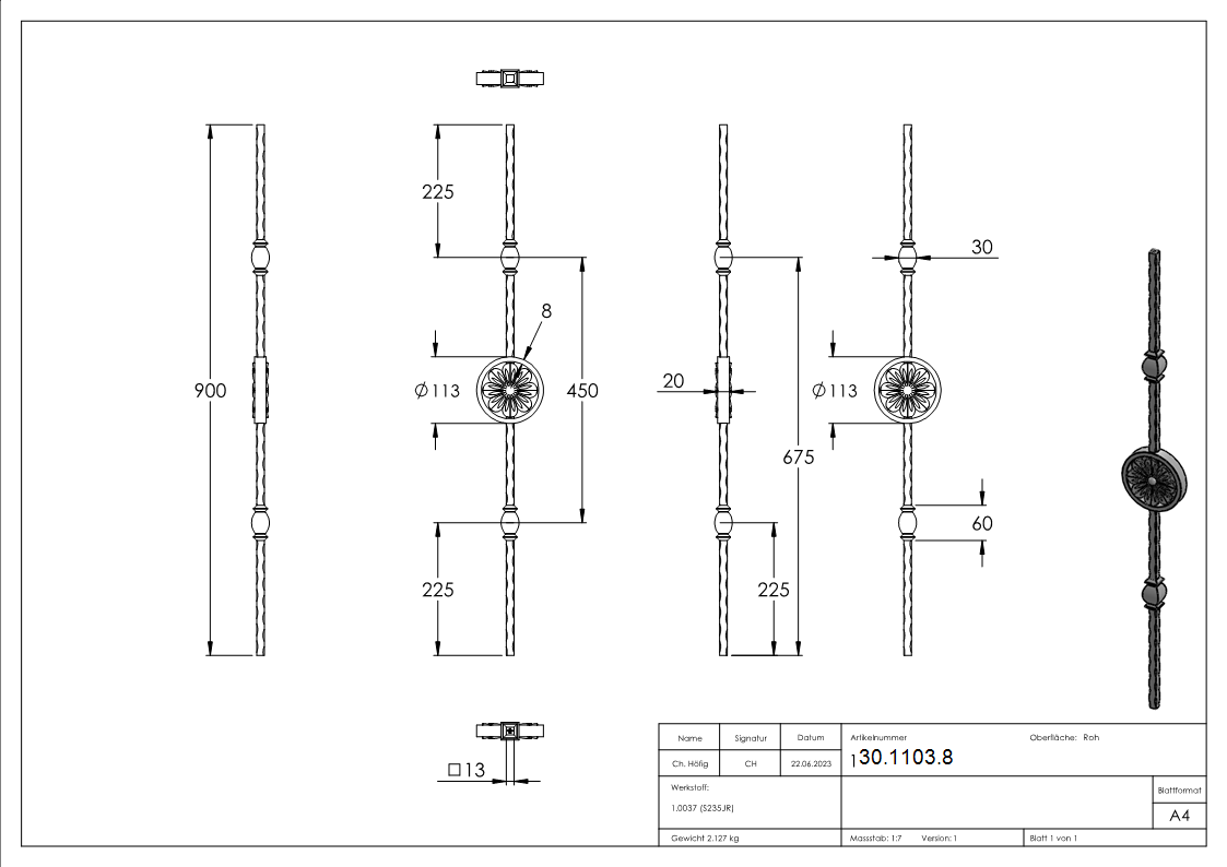 Zwischenstab | Länge: 900 mm | Material: 13x13 mm | gehämmert | Stahl S235JR, roh