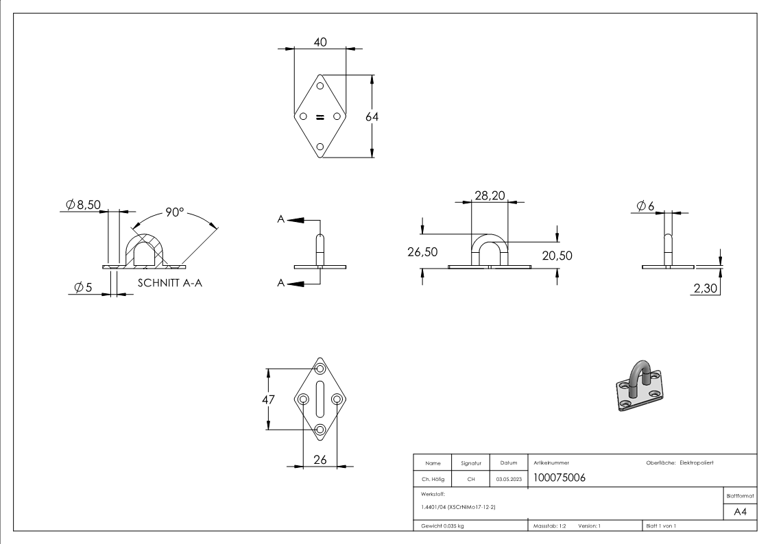 Befestigungsöse mit quadr. Platte V4A