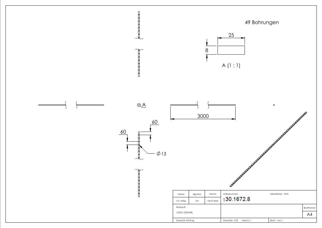 Flacheisen gelocht | Länge: 3000 mm | 49 Lochungen | Stahl (Roh) S235JR