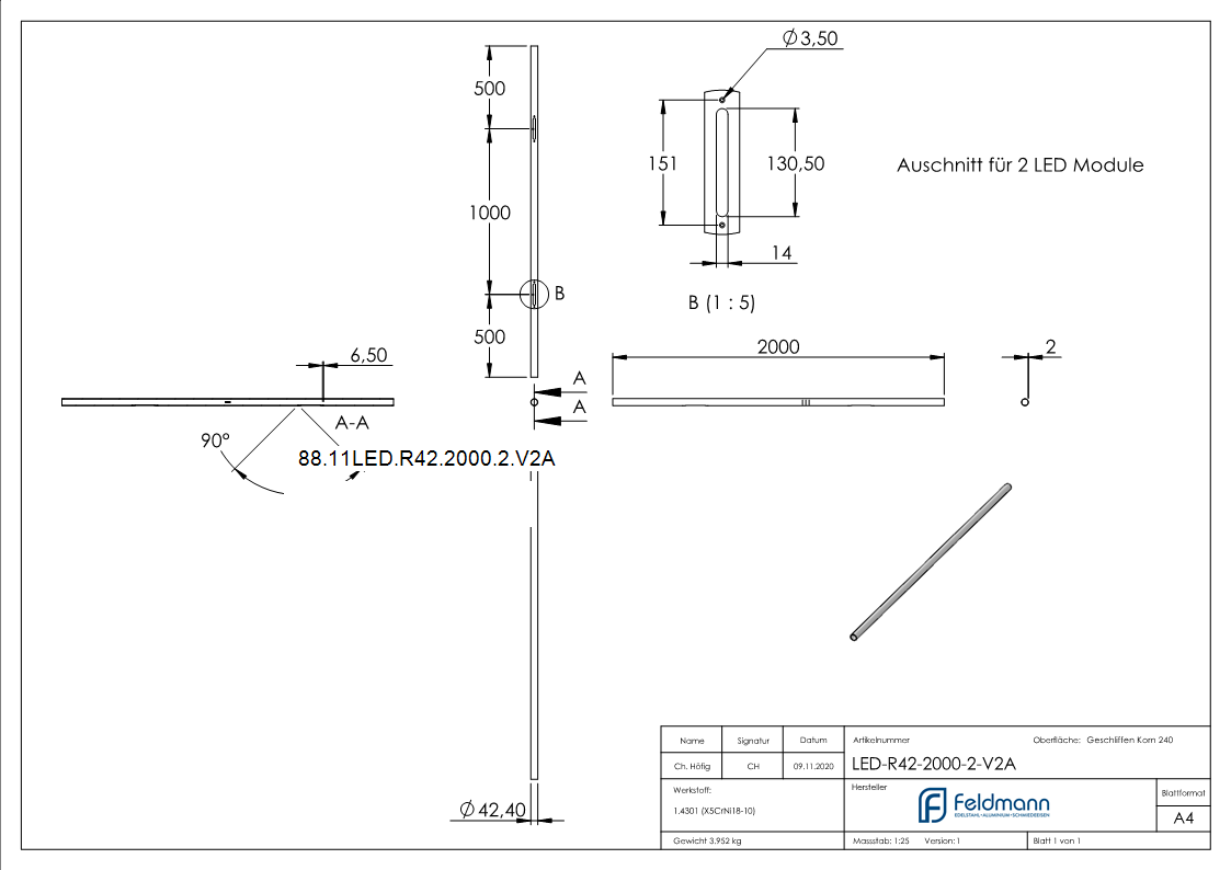 Edelstahlrohr 42,4 x 2,0mm für LED Module