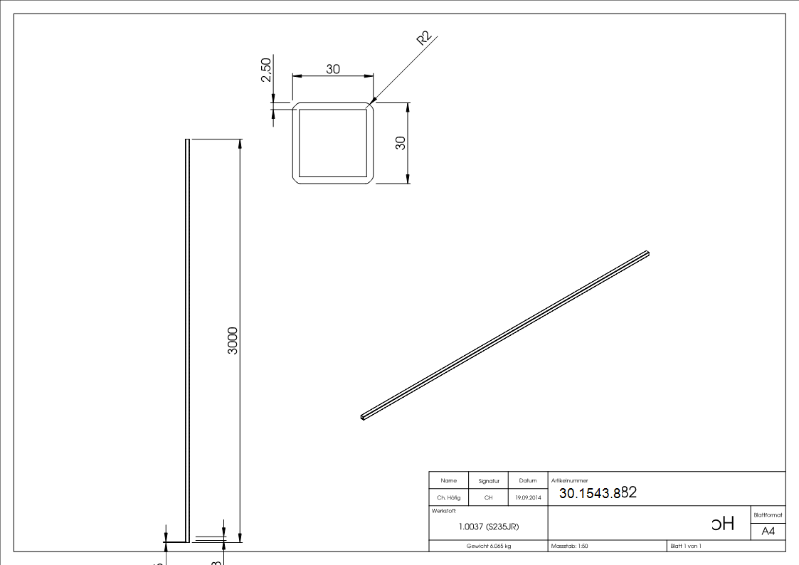 Quadratrohr | gehämmert | Maße: 30x30x2,5 mm | Länge: 3000 mm | Stahl S235JR, roh