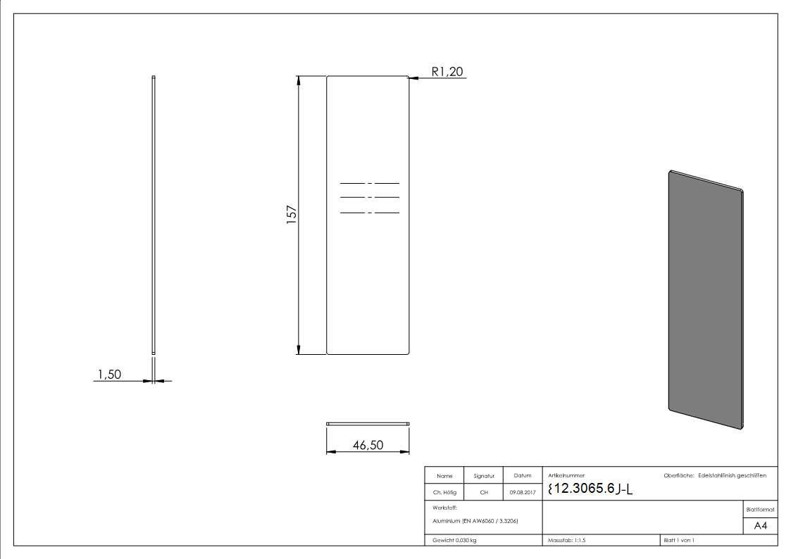 Endkappe | für Ganzglasgeländer | für Schräge bis 41° | Maße: 157x46,5x1,5 mm | Aluminium