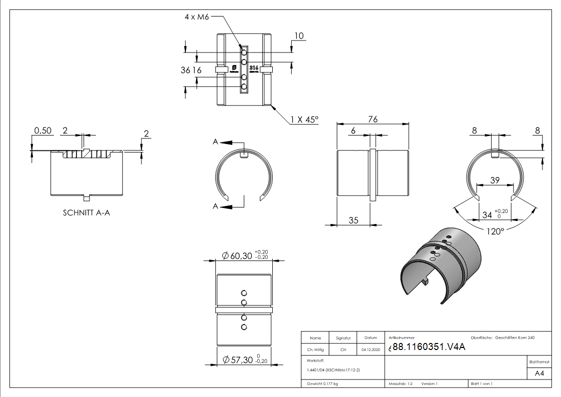 Rohrverbinder für Nutrohr 60,3 x 1,5mm, V4A