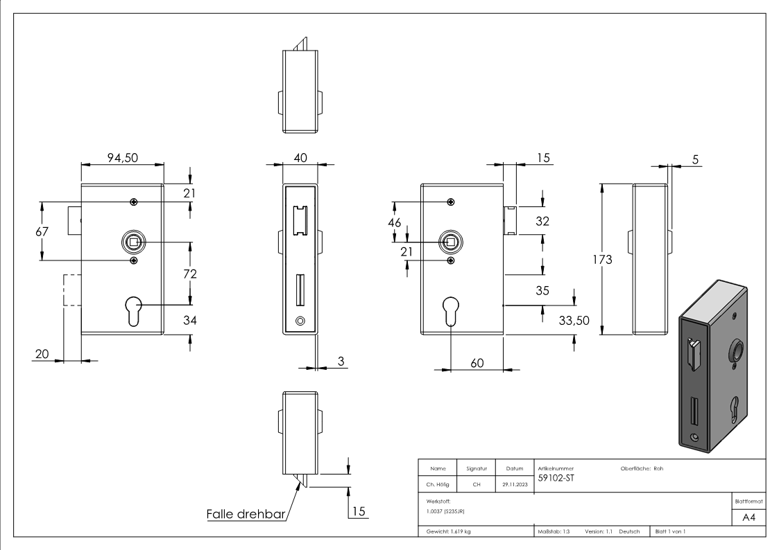 Schlosskasten | Maße: 173x94,5x40 mm | Dorn: 60 mm | Stahl (roh) S235 JR