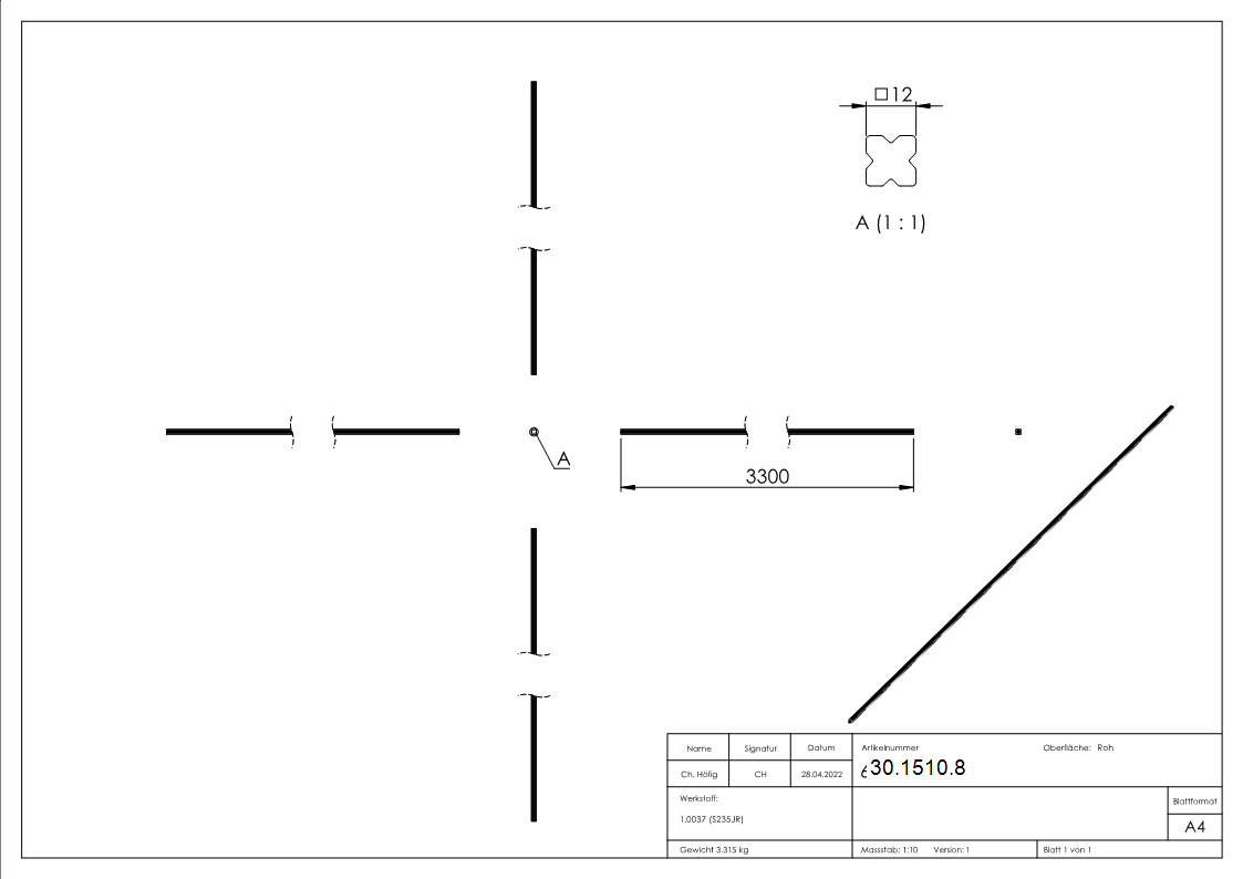 Vierkant | Material: 12x12 mm | Länge: 3300 mm | Stahl (Roh) S235JR