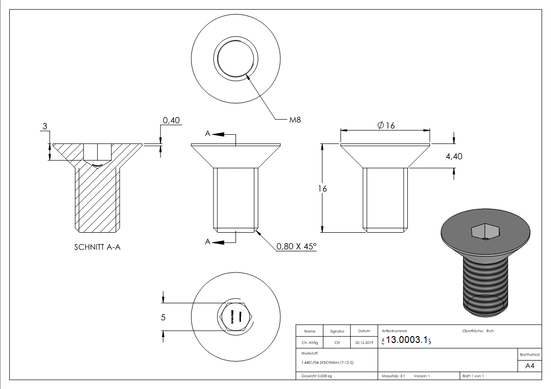 Senkkopfschraube V4A M8 x 16 mm