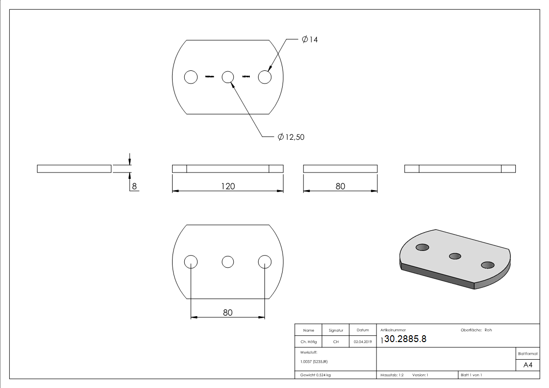 Ankerplatte 120x80x8 mm 3 Bohrungen |  Stahl roh