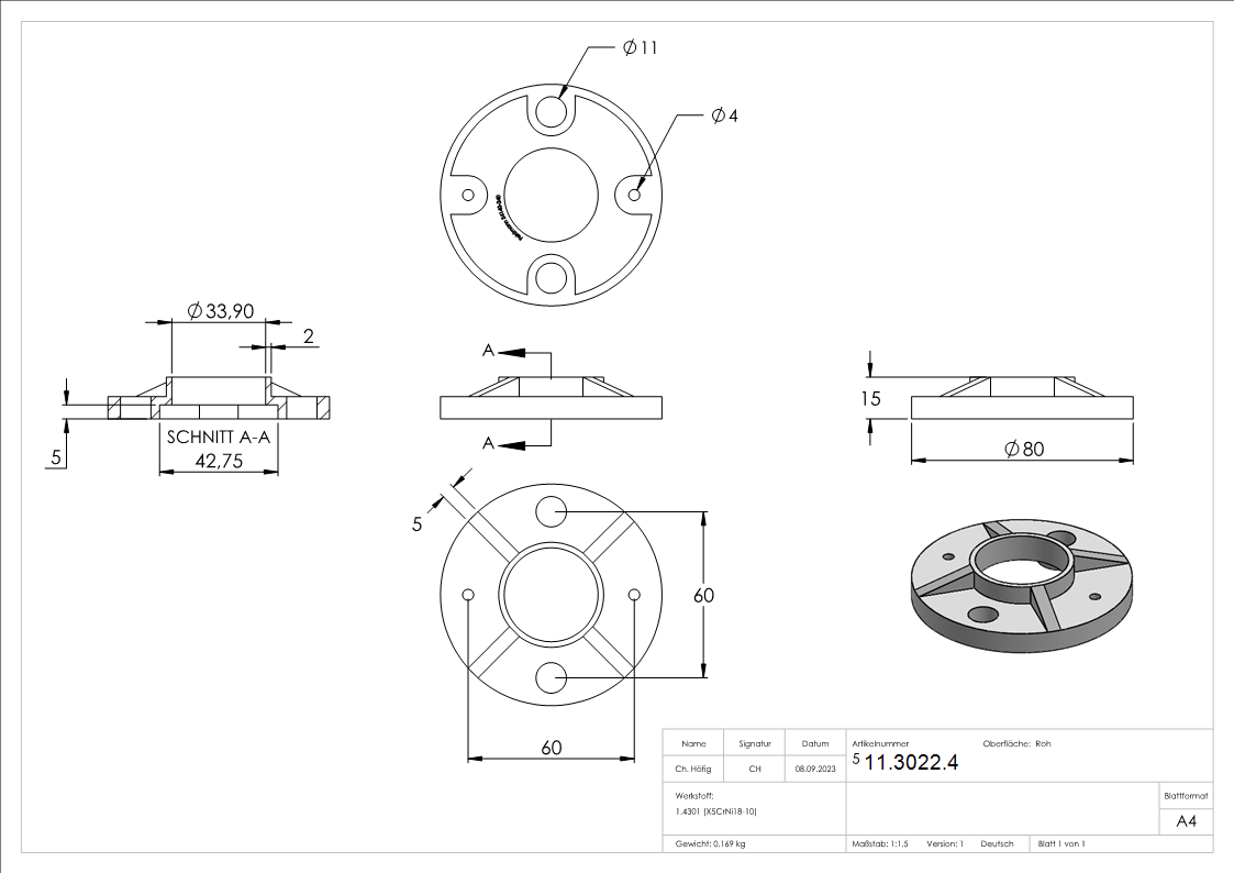 Ankerplatte  Maße: Ø 80x8 mm für Rundrohr Ø 33,7 mm V2A, roh