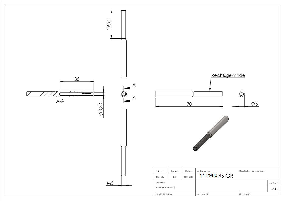 Gewindeterminal mit Außengewinde | Rechtsgewinde | Für Seil von Ø 3 mm |V2A