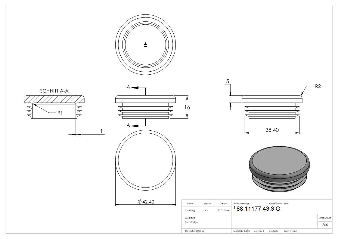 Kunststoffkappe für Rundrohr 42,4mm