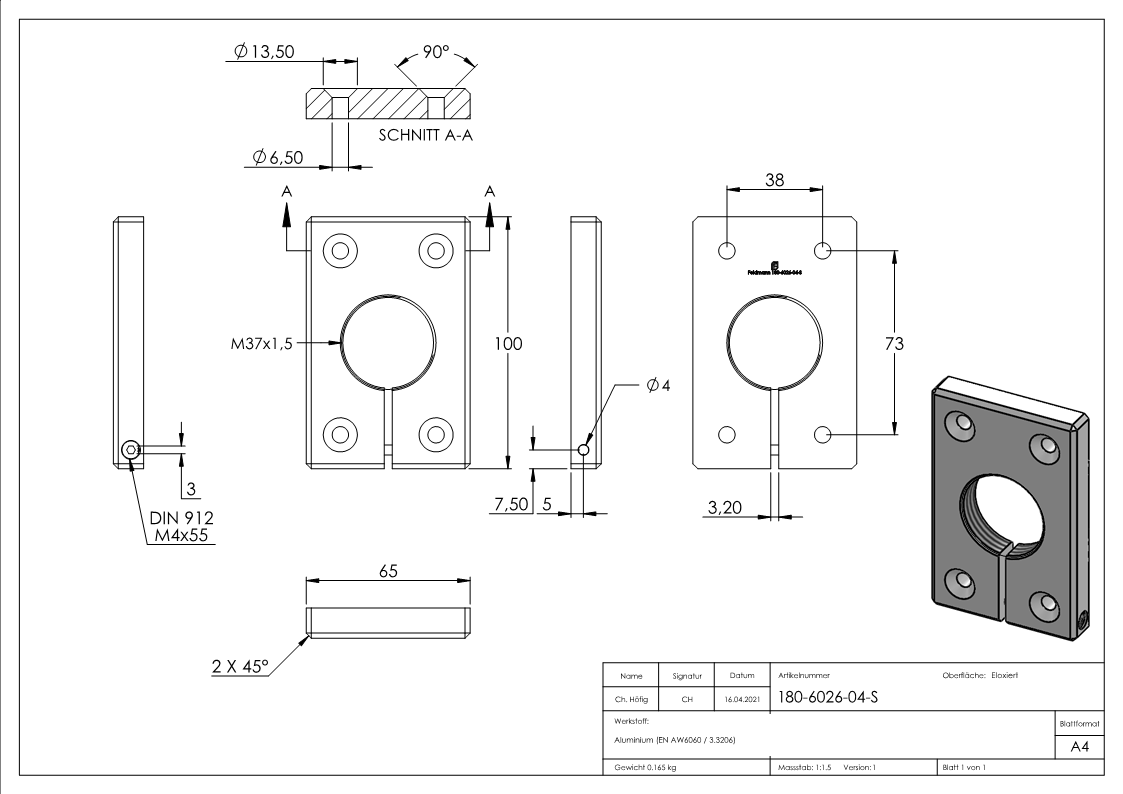 Montageplatte eckig 65 x 100 mm