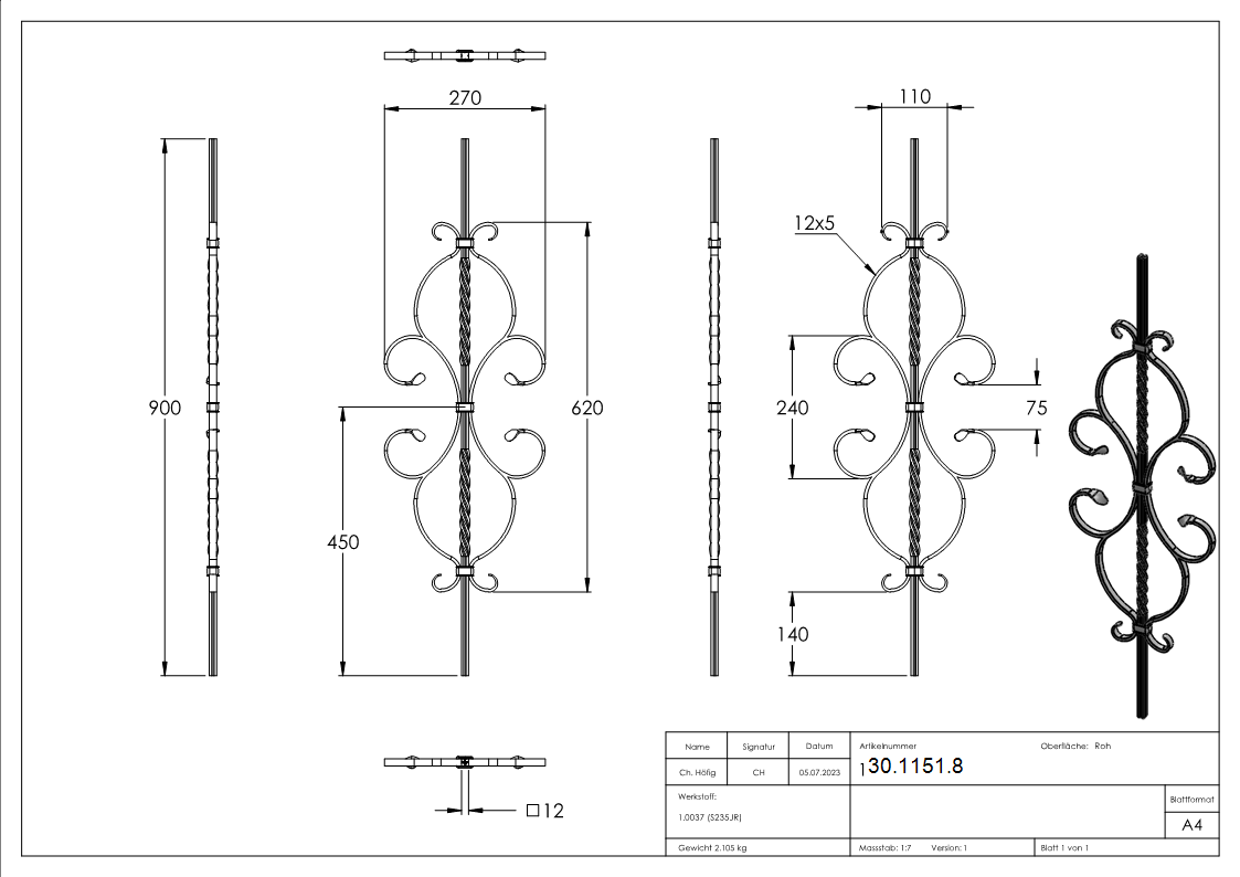 Zierstab | Länge: 900 mm | Material: 12x12 mm gerillt | Stahl S235JR, roh