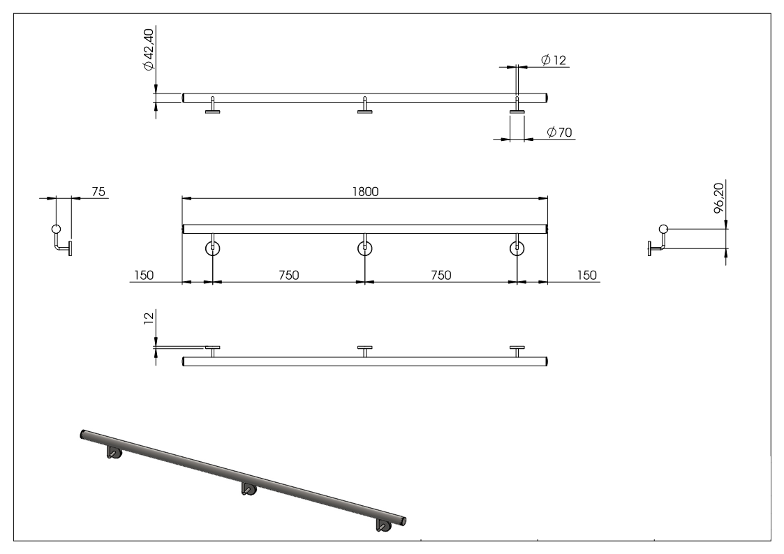 Handlauf | montagefertig | Länge: 1800 mm | Rundrohr: Ø 42,4 mm | V2A