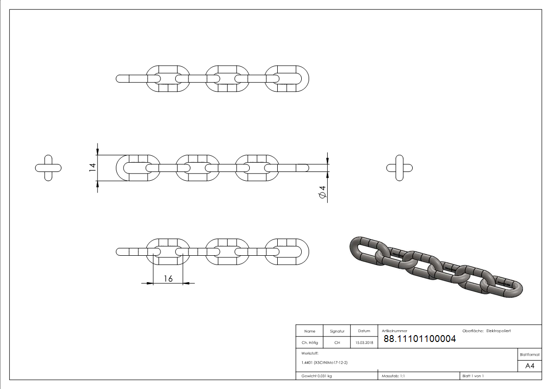 VA-Kette DIN 766, Ø 4mm