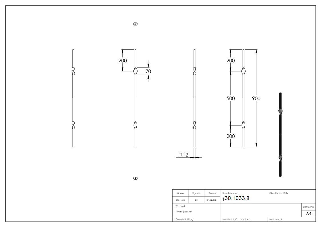 Zwischenstab | Länge: 900 mm | Material: 12x12 mm | glatt | Stahl S235JR, roh