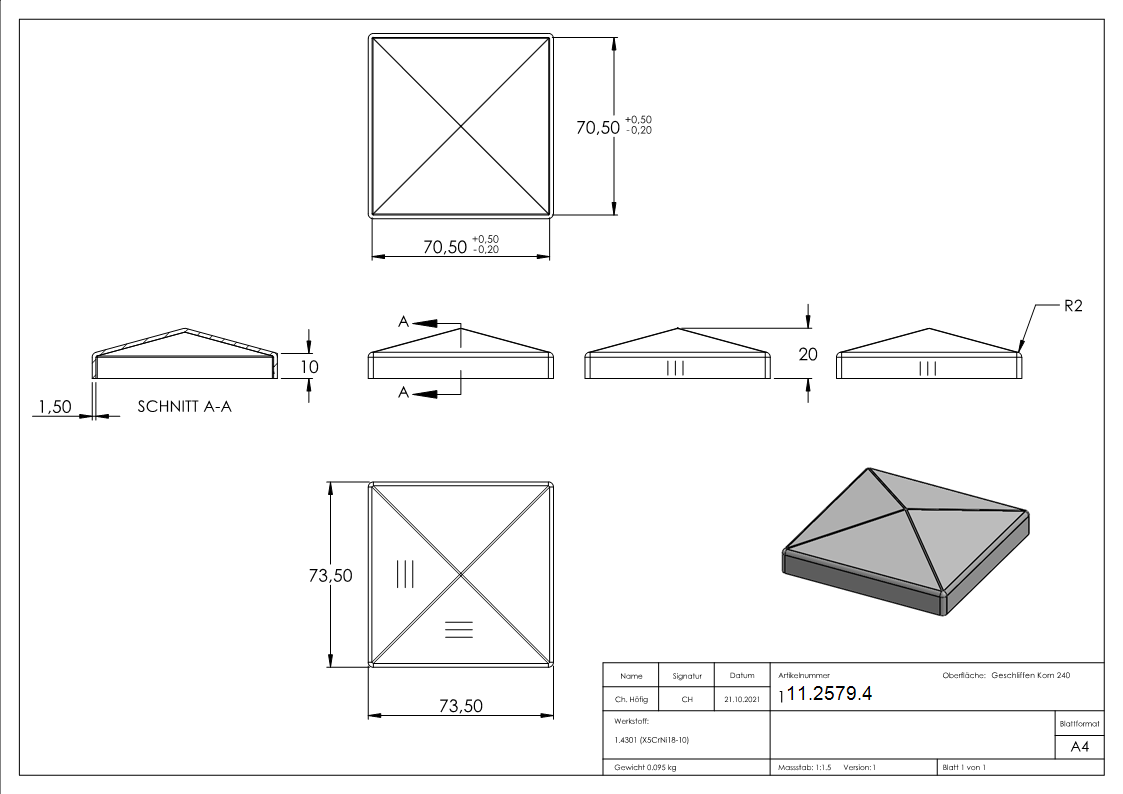 Pfostenkappe | für Vierkantrohr: 70x70 mm | V2A