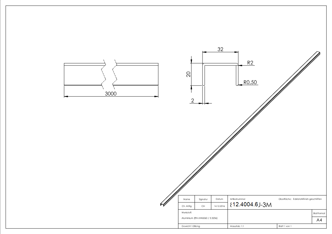 U-Profil | Maße: 32x20x2 mm | Länge: 3000 mm | Aluminium elox. E4/EV1