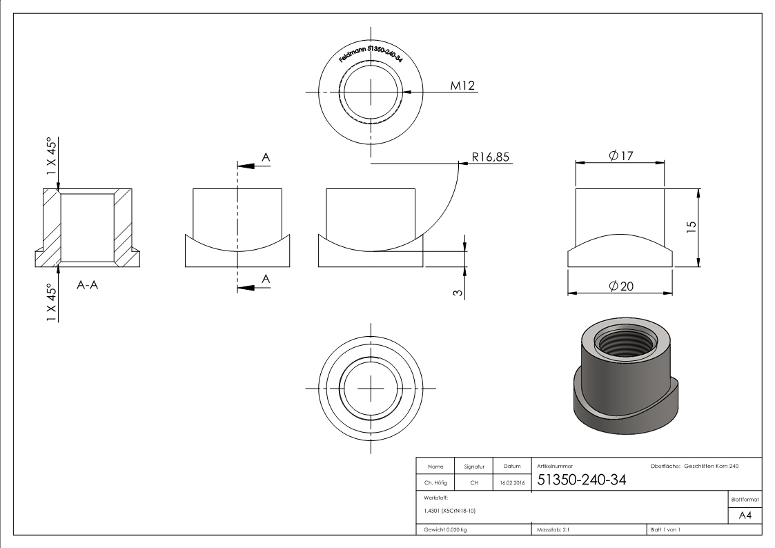 Einschweißmuffe für Torband M12 / 33,7mm