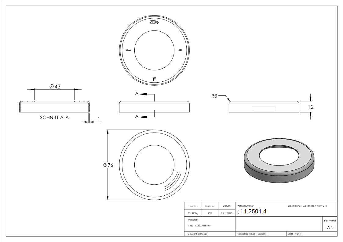 Abdeckrosette Ø 76x12 mm für Rundrohr: Ø 42,4 mm V2A