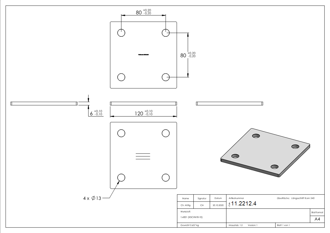 Ankerplatte | Maße: 120 x 120 x 6 mm | mit 4 Bohrungen á Ø 13 mm | V2A