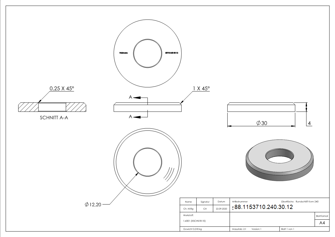 Ronde, Ø 30 x 4mm, mit Bohrung 12,2mm, V2A