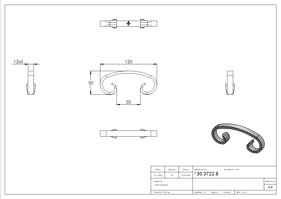 C-Schnecke | Maße: 60x120 mm | Material: 12x5 mm | Stahl S235JR, roh